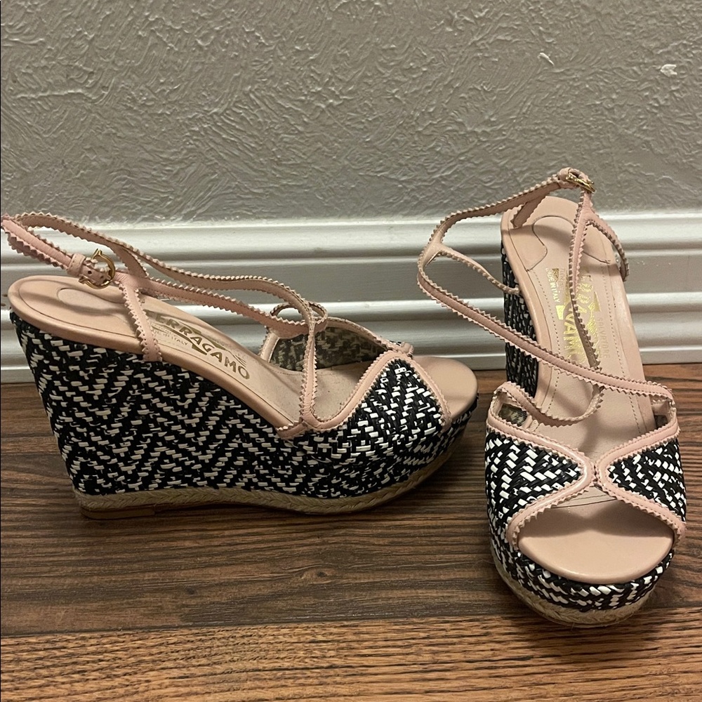 Salvatore Ferragamo Black & Blush Woven Wedge Sandals